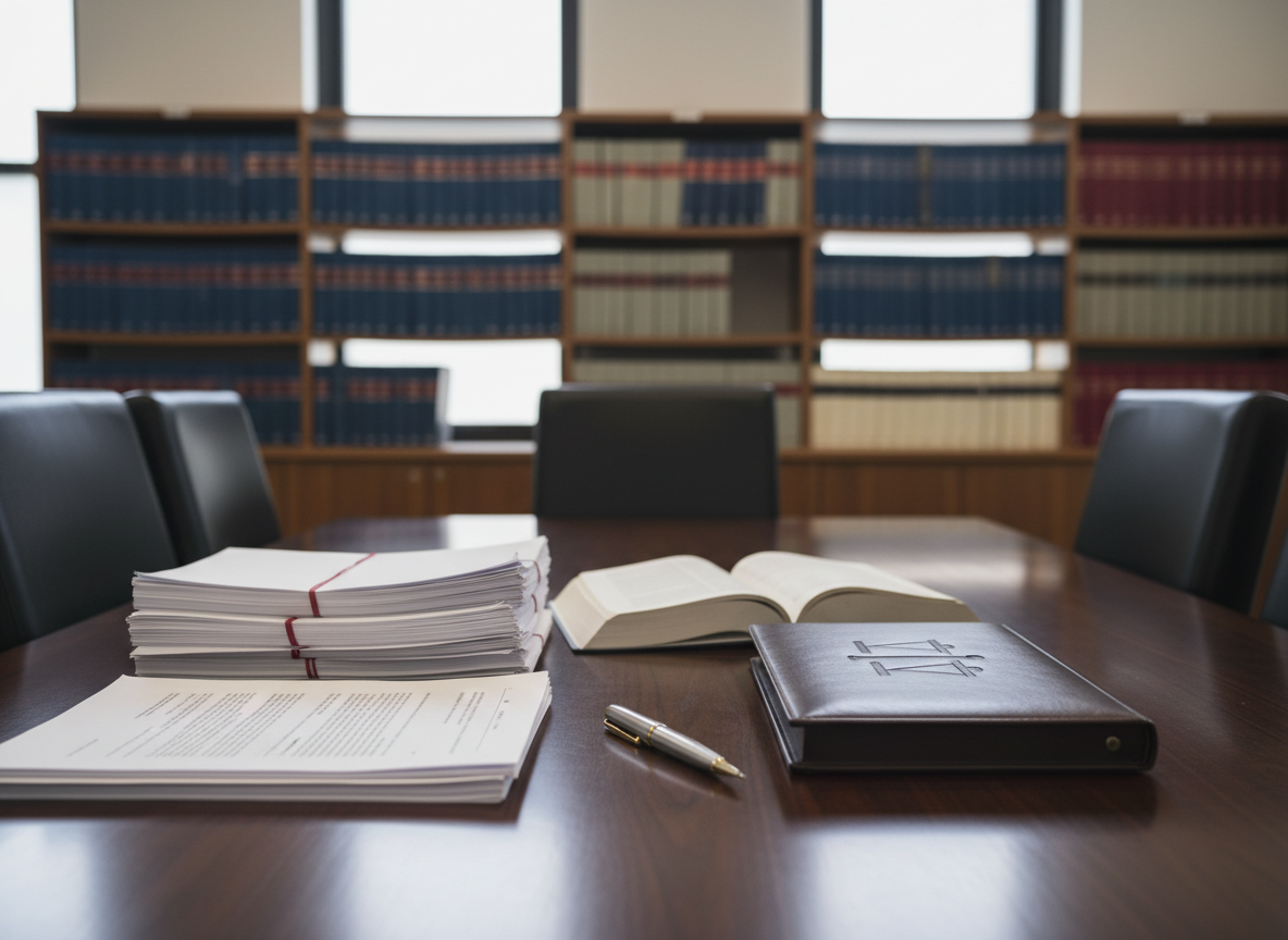 A polished dark oak conference table arranged with neatly stacked legal documents, an open law textbook, and a sleek brushed-metal fountain pen resting beside a leather-bound case. In the background, built-in shelves hold neatly organized law reports and immigration law volumes, their spines in muted blues and burgundies. Soft daylight filters through tall frosted-glass windows, creating a calm, diffused glow that highlights the paper textures and subtle grain of the wood. Photographic realism, shot at eye level with a shallow depth of field, keeping the items on the table in sharp focus while the shelves melt into a gentle blur. The mood is professional, trustworthy, and focused, ideal for a modern solicitors’ firm homepage.