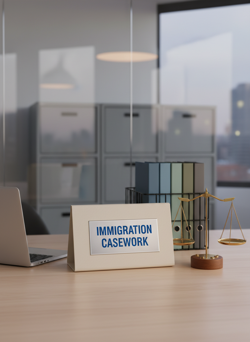 A tidy solicitor’s desk featuring a closed silver laptop, an embossed file folder labeled “Immigration Casework,” and a neat row of color-coded case binders standing upright in a minimalist metal holder. A small brass scale of justice sits to one side, catching the glow of warm overhead office lighting. Behind, a glass wall reveals blurred silhouettes of organized filing cabinets and a soft cityscape beyond. The composition uses the rule of thirds, with the folder and scale as focal points. Photographic realism with a clean, modern aesthetic and neutral tones creates a calm, efficient, and reassuring atmosphere suitable for a professional legal service website.