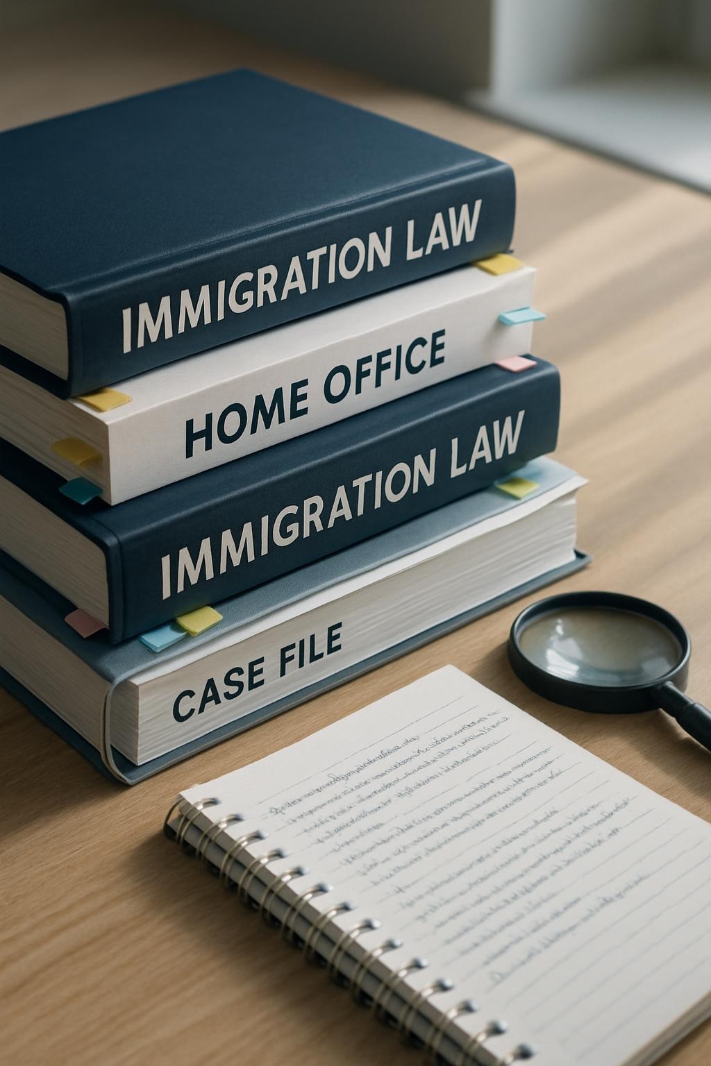A close-up, photographic realism shot of a meticulously arranged stack of immigration law textbooks, Home Office guidance booklets, and ring-bound case files on a smooth, light-wood desk. Colorful adhesive tabs peek from the page edges, indicating key sections. Beside the stack lies a modern, slimline magnifying glass and a notepad filled with neatly handwritten legal notes. Cool daylight from a nearby window grazes the pages at a diagonal, casting soft, elongated shadows and emphasizing the fine paper texture. Shot from a slightly elevated angle with shallow depth of field so the front book spines are crisp while the background dissolves into gentle blur. The mood is studious, precise, and reassuring, communicating deep expertise in immigration law.